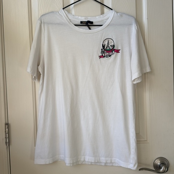 Maje Crewneck Paris Print Preppy Neutral Shirt White Size 2 oversized Flawed - Picture 3 of 8